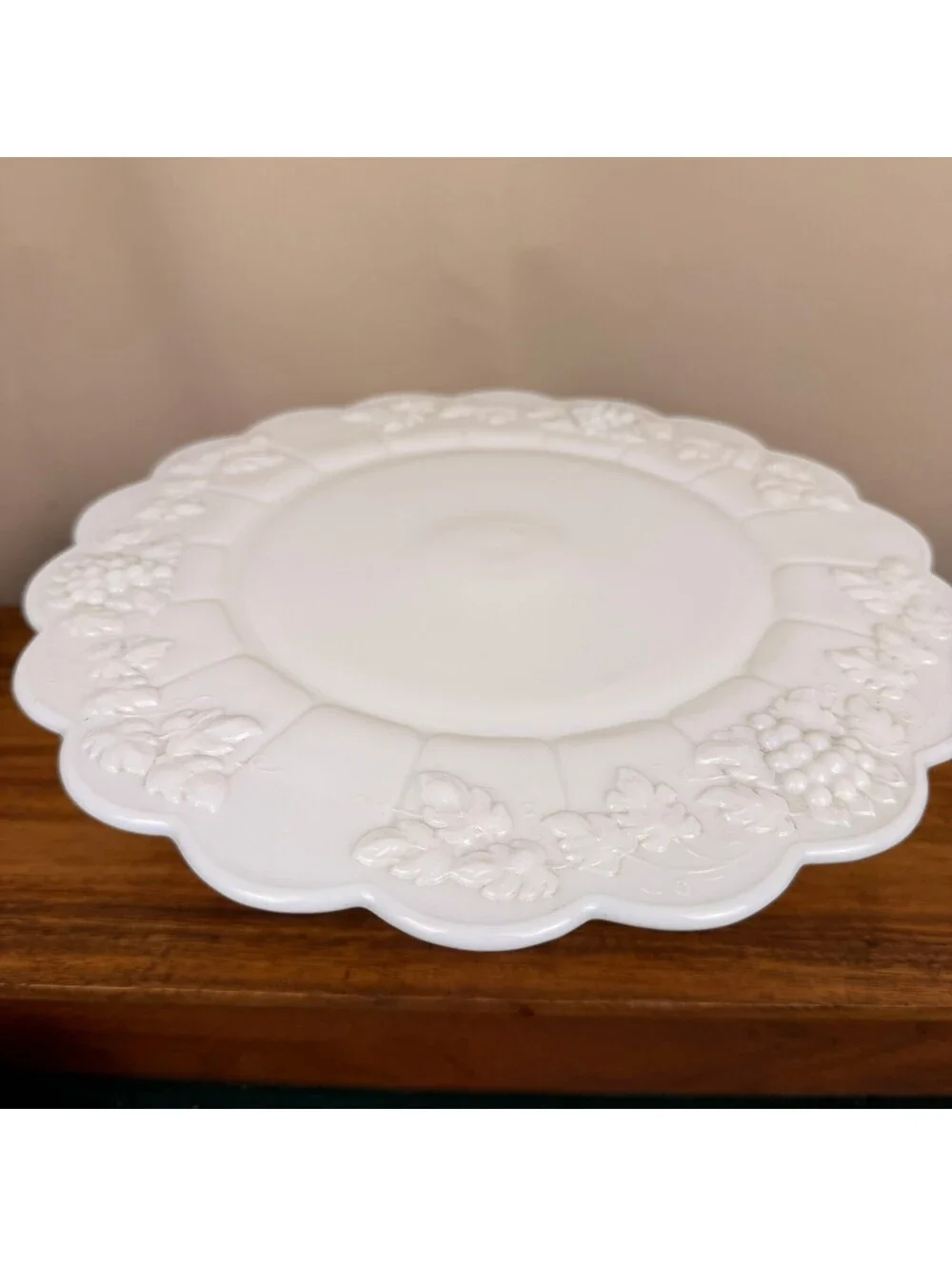 Vintage Westmoreland White Milk Glass Pedestal Cake Stand Paneled Grape & Leaf
